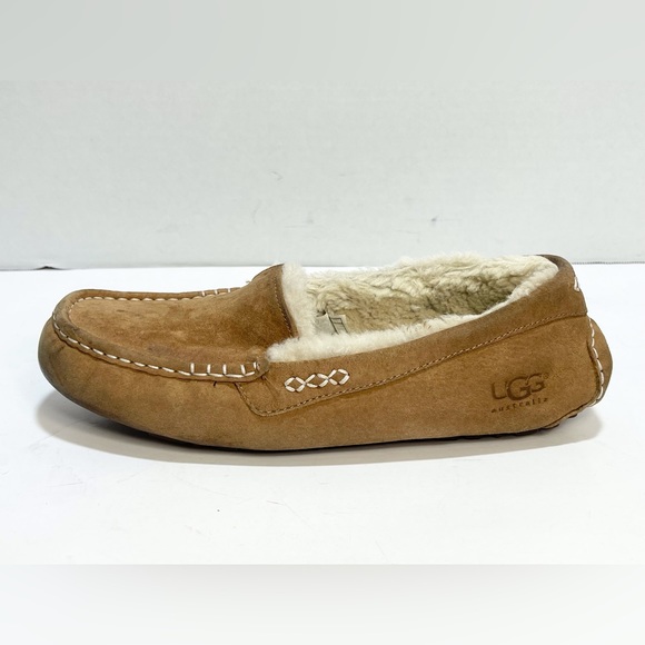 UGG Ansley Suede Sheepskin Moccasin Chestnut Slippers - Picture 1 of 12